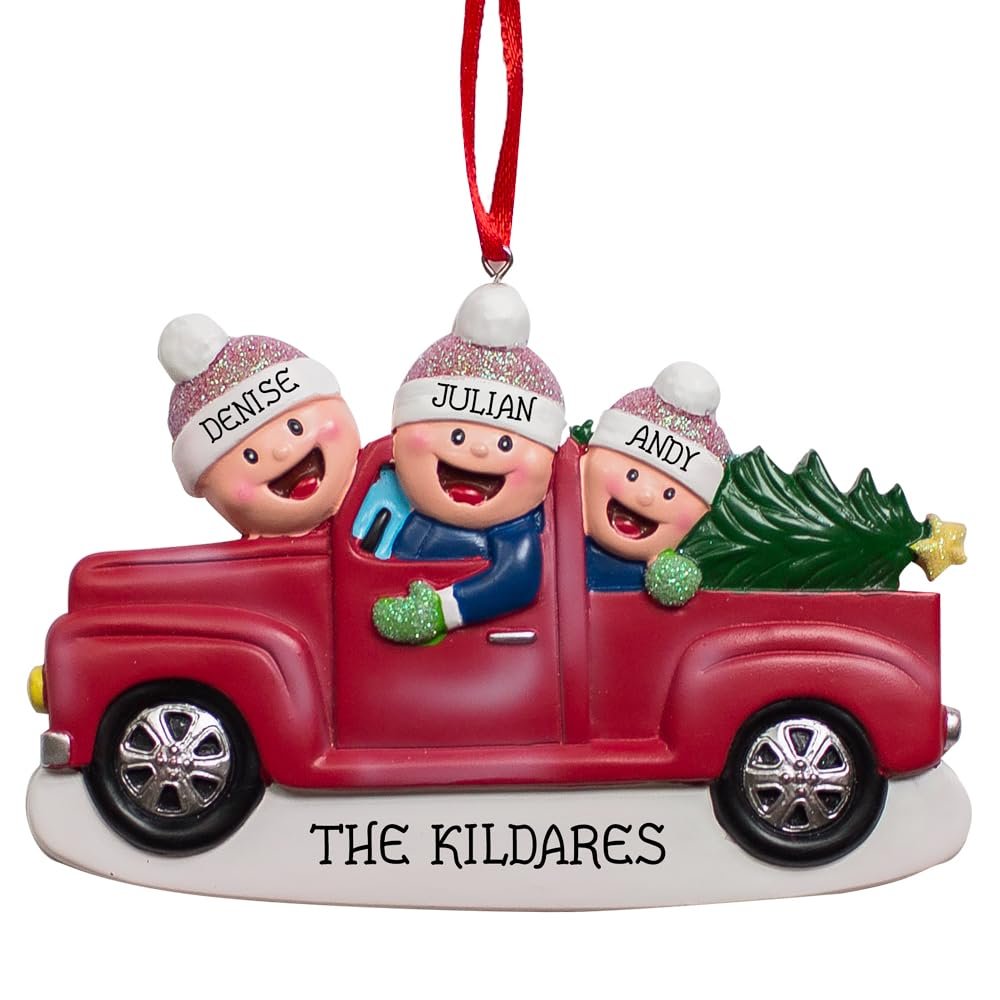 Red Farm Truck Personalized Christmas Ornament, Family Ornament for Christmas Tree, Custom Ornament, 3 Heads