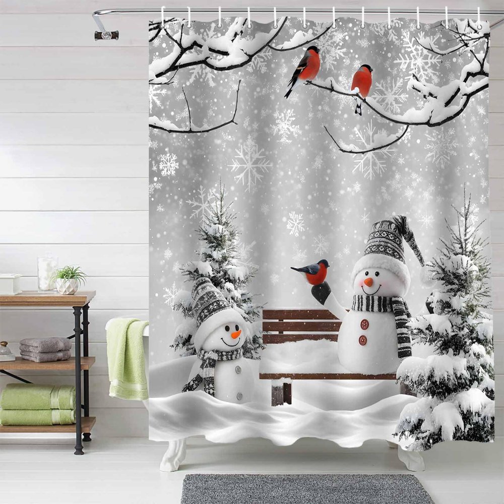 Anzona Grey Snowman Christmas Waterproof Shower Curtains Set - Extra Long 72 x 84 Inch, Xmas Winter Snowflake Tree Birds Polyester Fabric Bathroom Curtain with 12 Hooks, Bathroom Accessories, 1 Panel