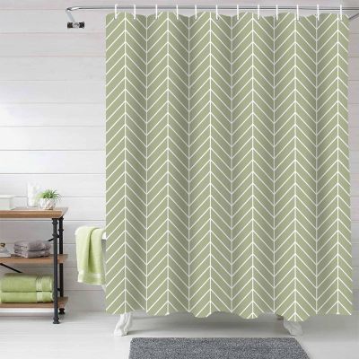 Anzona Sage Green Geometric Waterproof Shower Curtains Set - Standard 72 x 72 Inch, Modern Abstract Art Aesthetics Polyester Fabric Bathroom Curtain with 12 Hooks, Bathroom Accessories, 1 Panel