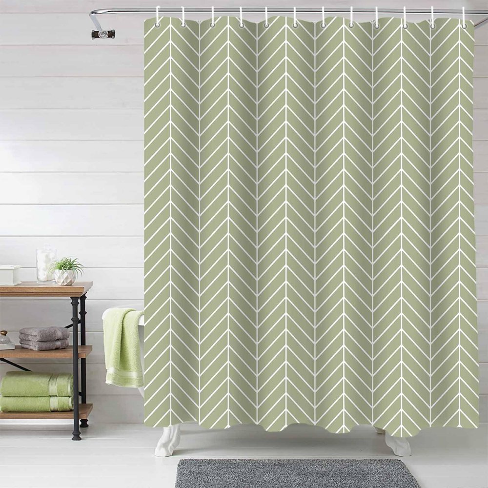 Anzona Sage Green Geometric Waterproof Shower Curtains Set - Standard 72 x 72 Inch, Modern Abstract Art Aesthetics Polyester Fabric Bathroom Curtain with 12 Hooks, Bathroom Accessories, 1 Panel