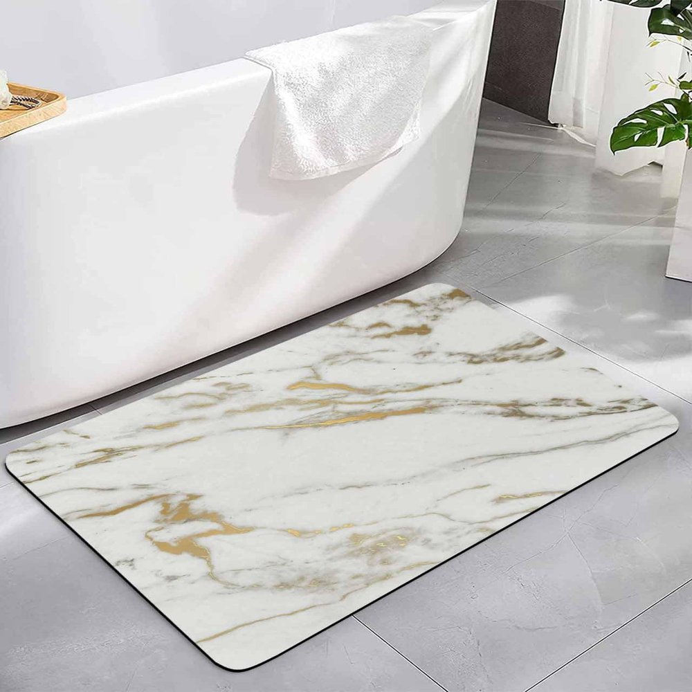 Bath Rugs Bathroom Rug,White Marble Gold Cracked Line Absorbent Diatomaceous Earth Bath Mat Quick Drying Non-Slip Washable Shower Mat,Modern Art Abstract Pattern Doormat for Bathtub Kitchen 16x24in