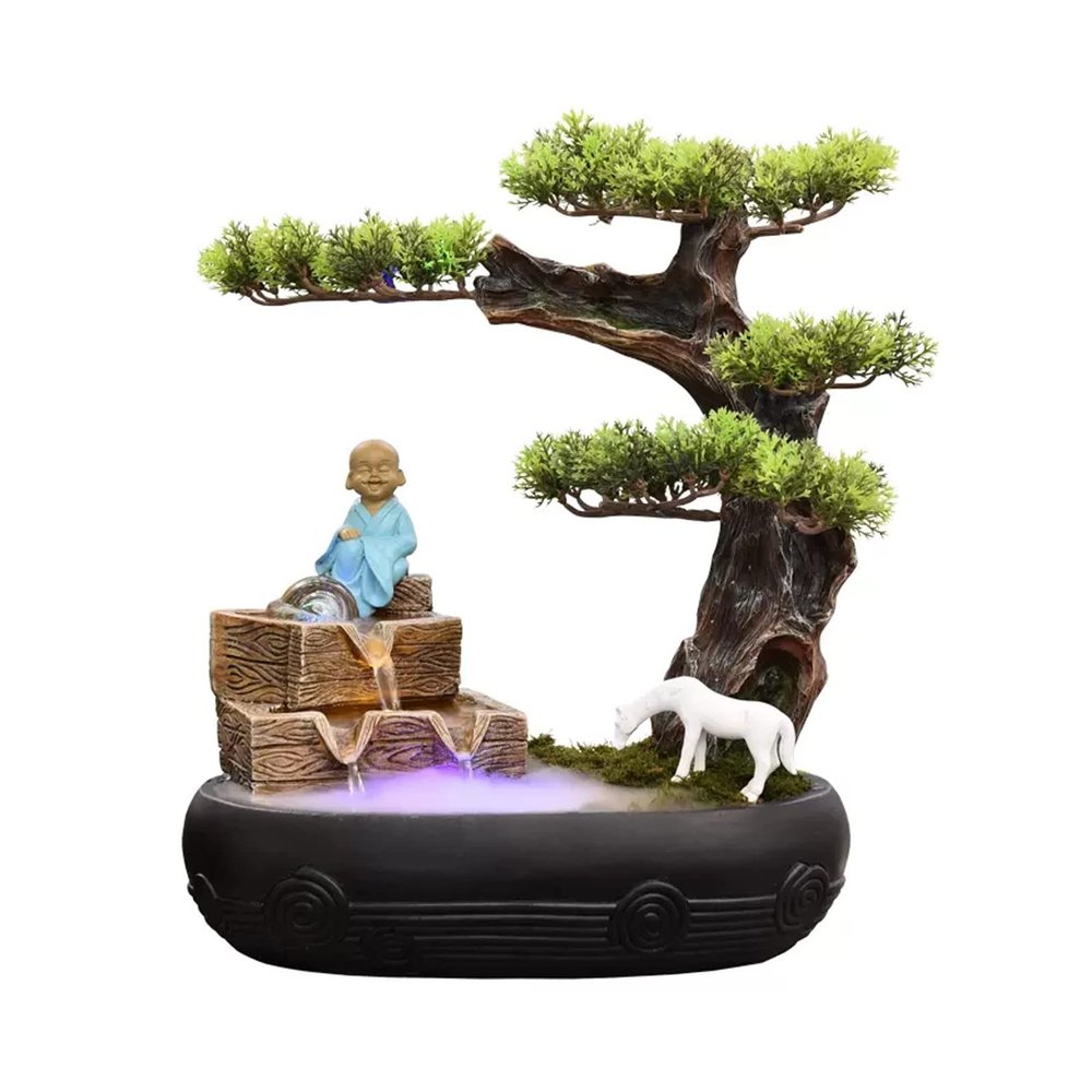 Tabletop Fountain Resin Indoor Water Fountain, Chinese Artificial Tree Buddah Statute Tabletop Fountain with Rolling Ball, Zen Fountain for Home Office Bedroom Desk Decoration Desktop Fountains