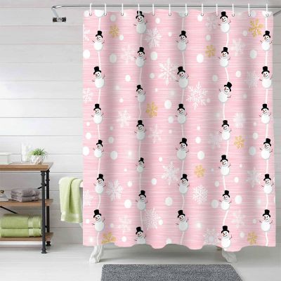 Anzona Pink Snowman Christmas Waterproof Shower Curtains Set - Extra Long 72 x 96 Inch, Xmas Yellow Winter Snowflake Polyester Fabric Bathroom Curtain with 12 Hooks, Bathroom Accessories, 1 Panel