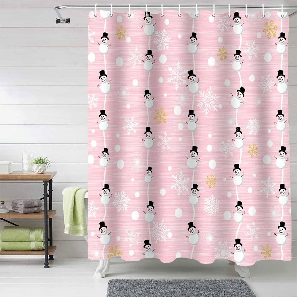 Anzona Pink Snowman Christmas Waterproof Shower Curtains Set - Extra Long 72 x 96 Inch, Xmas Yellow Winter Snowflake Polyester Fabric Bathroom Curtain with 12 Hooks, Bathroom Accessories, 1 Panel