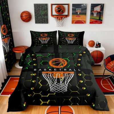Sports Basketball Children Comforter Set,Geometric Bedding Set for Kids Boys,Adults Soft Green Yellow Black Comforter,Teens Basketball Hexagon Quilted Duvet Set Bedroom Collection King Size 3Pcs