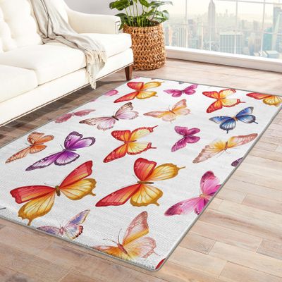 Butterfly Rug & Home Decor - 5x7 Rug, Girls Rugs for Living Room Bedroom, Butterflies Carpet, Washable Non Slip Soft Low Pile Indoor Area Rug & Room Decor