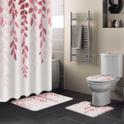 Leaves Pink Bathroom Set with Shower Curtain and Rug and Accessories,72x72 Inches Long Bathtub Curtain with Small Bath Mat,Bathtub Floor Runner Rug Set,12 Hooks Rustic Farmhouse Pastoral Plant Herb
