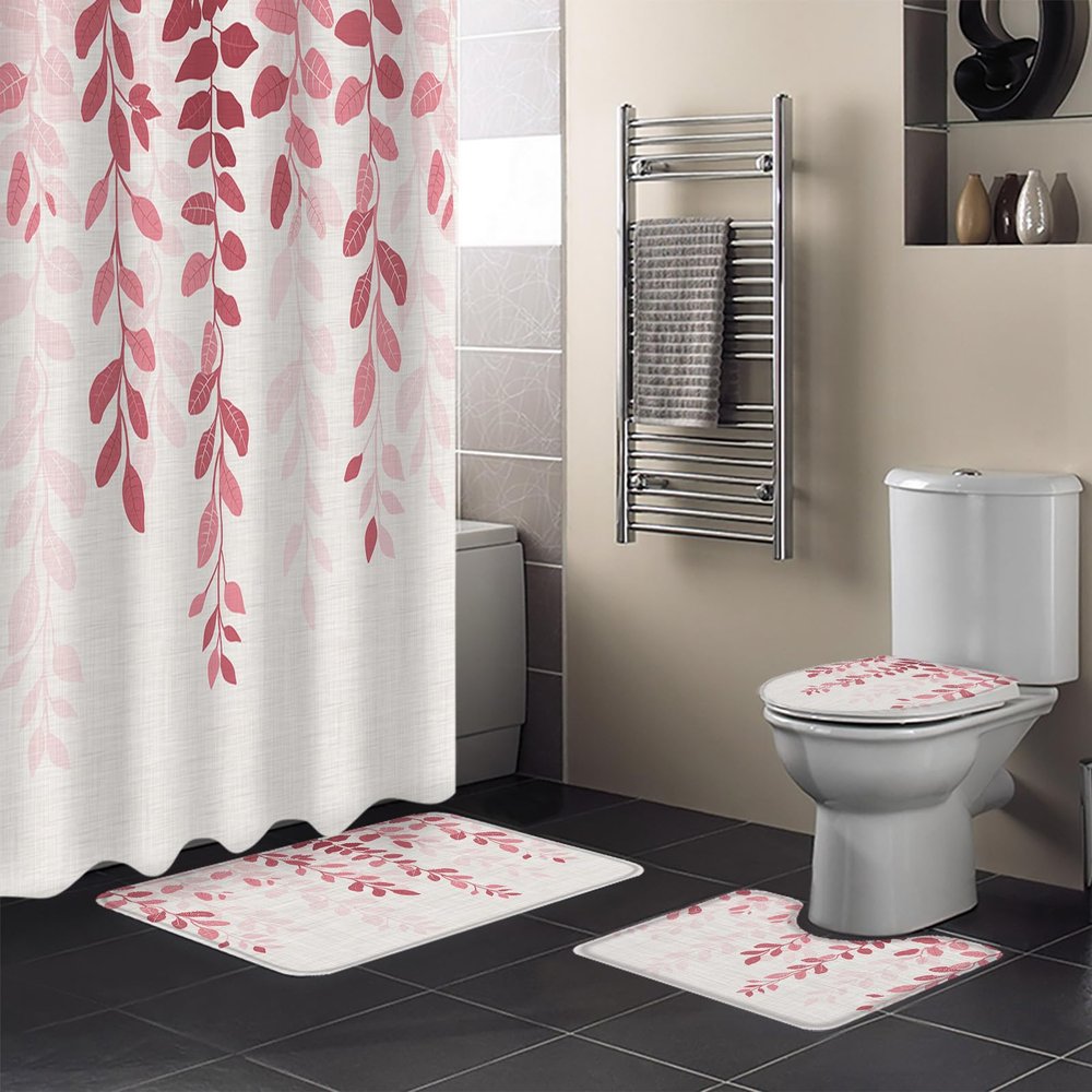 Leaves Pink Bathroom Set with Shower Curtain and Rug and Accessories,72x72 Inches Long Bathtub Curtain with Small Bath Mat,Bathtub Floor Runner Rug Set,12 Hooks Rustic Farmhouse Pastoral Plant Herb