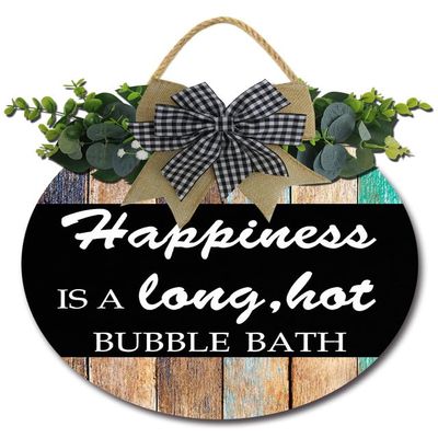 Sokomurg Bathroom Wall Decor Happiness is a Long Hot Bubble Bath Sign Bathroom Quotes Decor 11" Rustic Round Wooden Hanging Wreaths for Bathroom Wash House Toilet Housewarming Gift Wall Decor