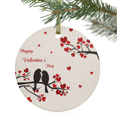 2024 Christmas Ornament Xmas Tree Hanging Accessories,Couple Bird Love Hearts Tree Branch Valentine's Day Christmas Tree Round Ceramic Ornaments for Holiday Party Home Decor,Vintage Linen