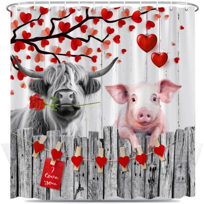 BNYARH Valentine's Day Shower Curtain Highland Cow Funny Pig Red Love Tree Romantic Farmhouse Animal Cute Rustic Bathroom Decor Set with Hooks 70X70 Inch