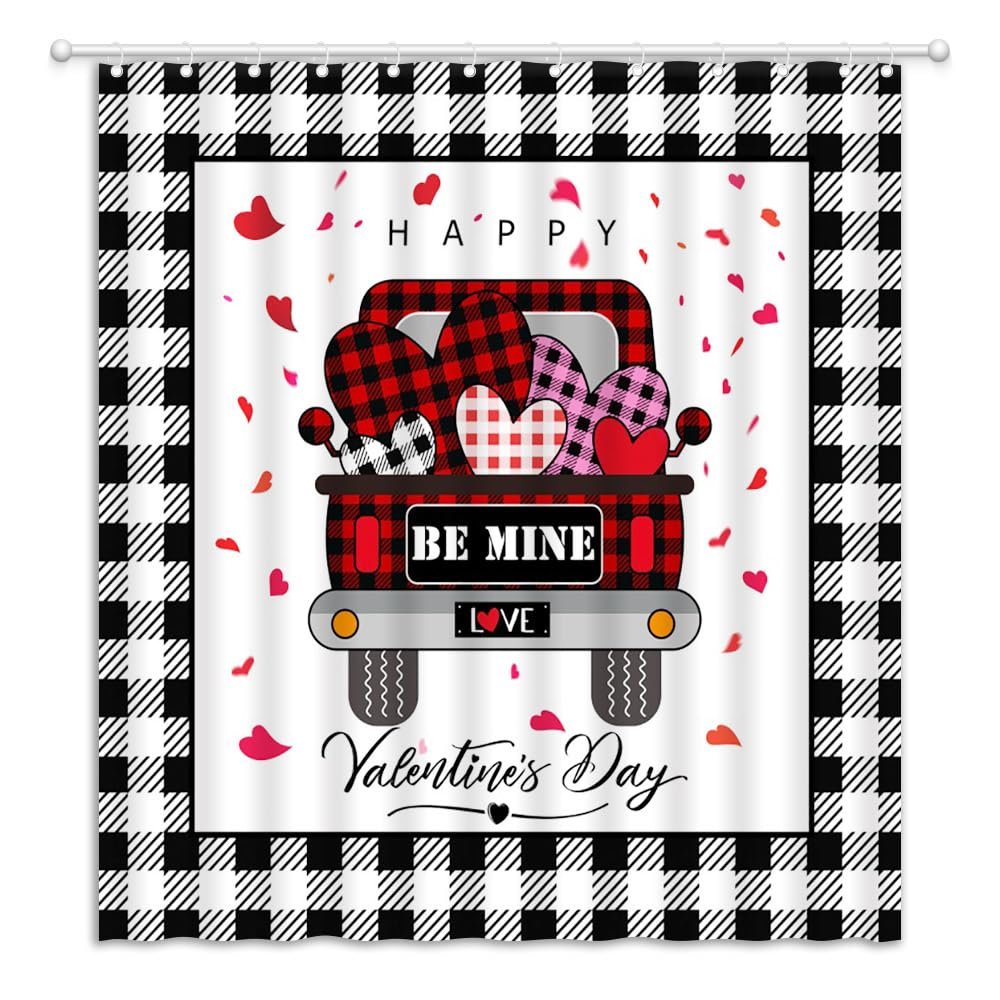 JEJOMEAG Happy Valentine's Day Shower Curtain Vintage Truck Buffalo Plaid Romantic Love Fabric Bathroom Curtain with Hooks