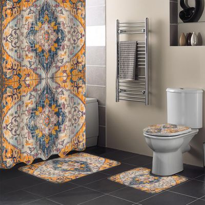 Contemporary Bathroom Set with Shower Curtain and Rug and Accessories,72x72 Inches Long Bathtub Curtain with Small Bath Mat,Bathtub Floor Runner Rug Set,12 Hooks Vintage Shabby Chic Geometric Flower