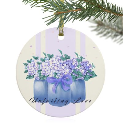 2024 Christmas Ornament Xmas Tree Hanging Accessories,Idyllic Purple Hydrangea Flower Vase Stripe Christmas Tree Round Ceramic Ornaments for Holiday Party Home Decor,Fall Blossom Floral Bow