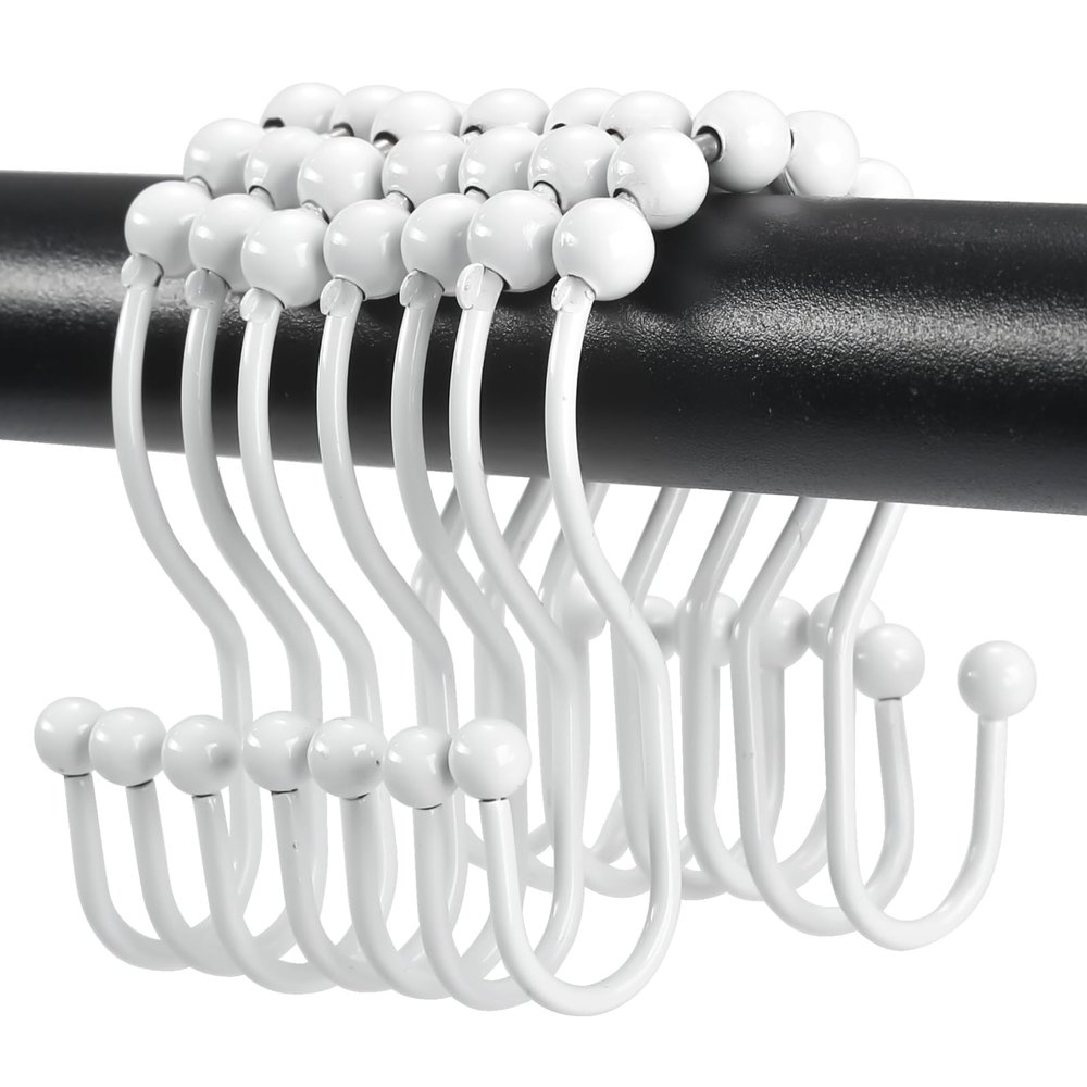 Shower Curtain Hooks, OEH Shower Curtain Rings, White Shower Curtain Hooks Rust Proof, Smooth Gliding Metal Shower Curtain Rings Rust Proof, Double Shower Rings for Curtain, 12 Pcs, White