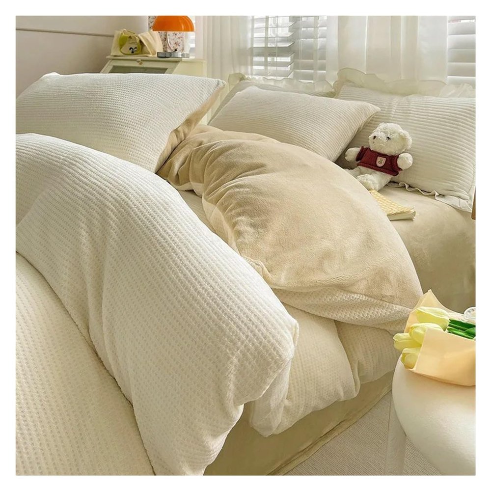 QuKan Bed, Bedding Sets Simple Solid Color Milk Flannel Duvet Cover Set Winter Thickened Warm Duvet Cover Sheet Pillowcase 4-Piece Bed Sheet Set