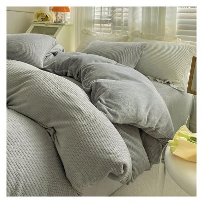 QuKan Bed, Bedding Sets Simple Solid Color Milk Flannel Duvet Cover Set Winter Thickened Warm Duvet Cover Sheet Pillowcase 4-Piece Bed Sheet Set