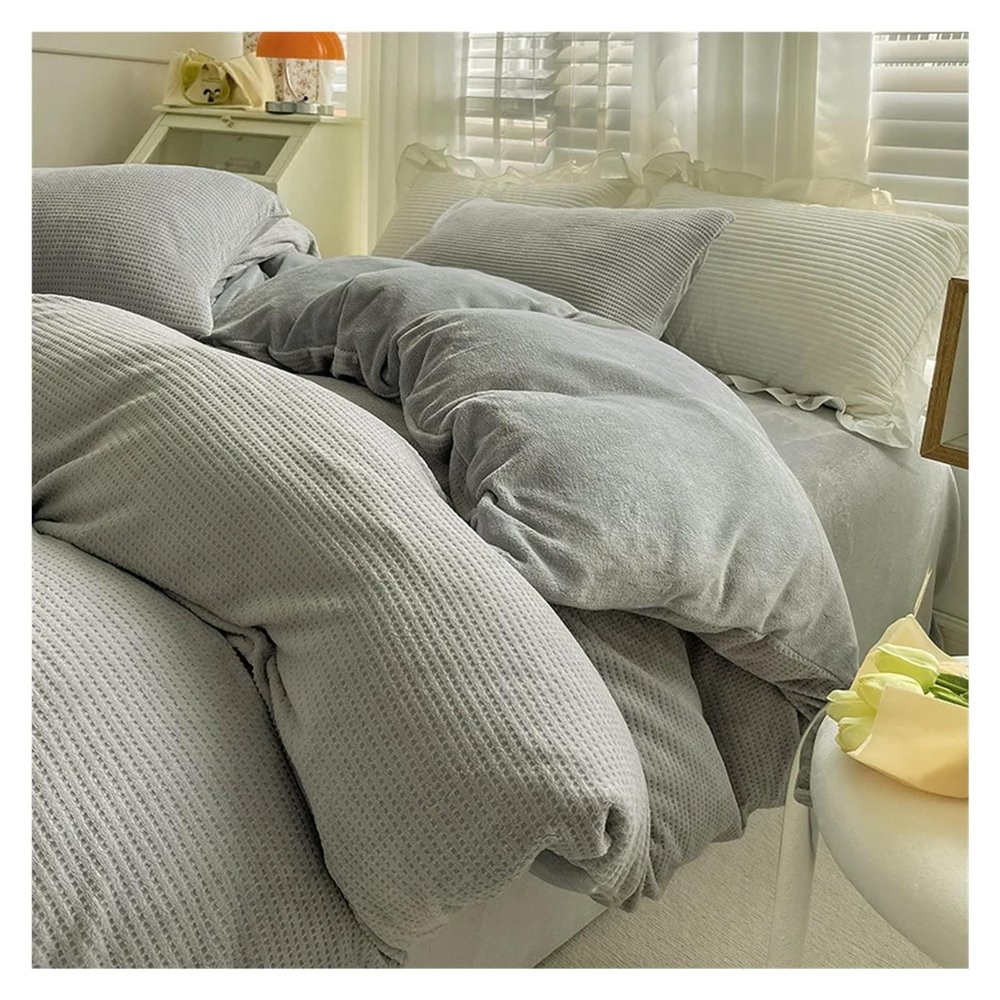QuKan Bed, Bedding Sets Simple Solid Color Milk Flannel Duvet Cover Set Winter Thickened Warm Duvet Cover Sheet Pillowcase 4-Piece Bed Sheet Set