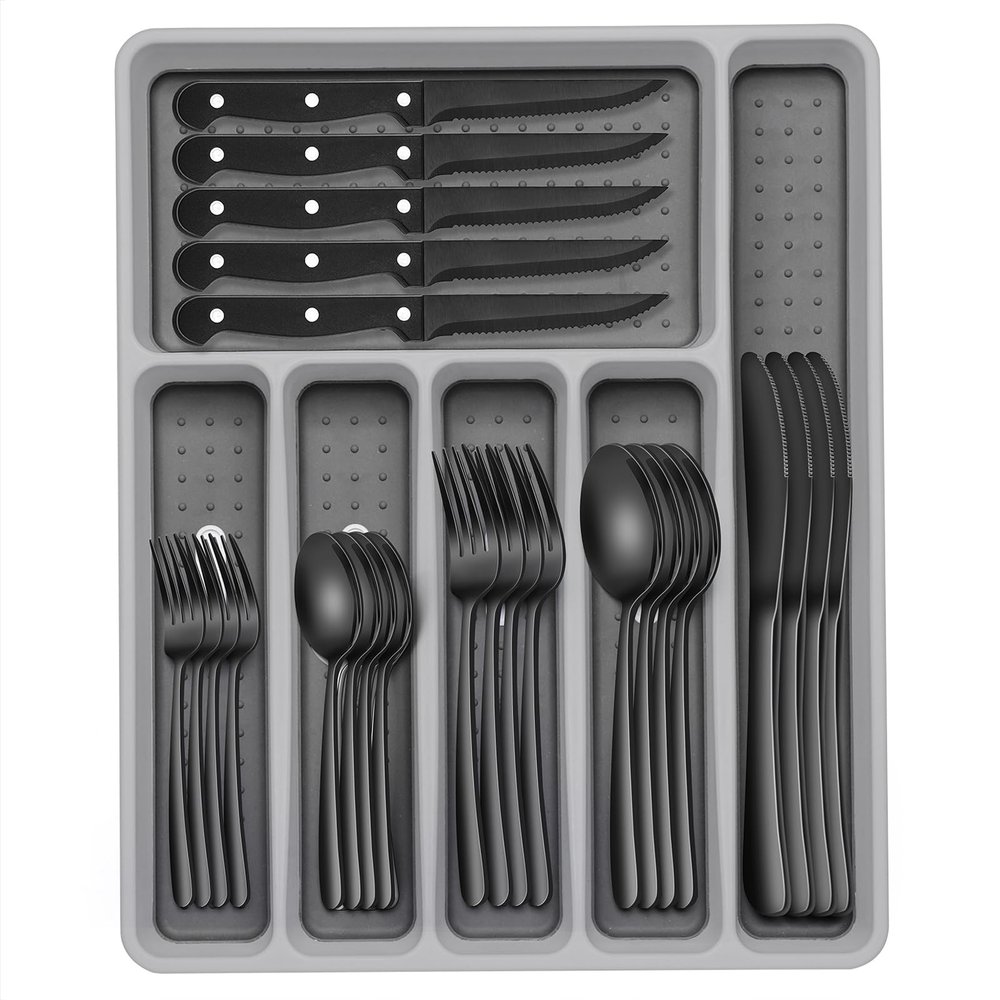 49-Piece Black Silverware Set with Organizer, Heavy Duty Stainless Steel Flatware for 8, Cutlery Utensil Sets with Steak Knives, Rust-proof, Mirror Polished, Dishwasher Safe, Black Heavy Duty
