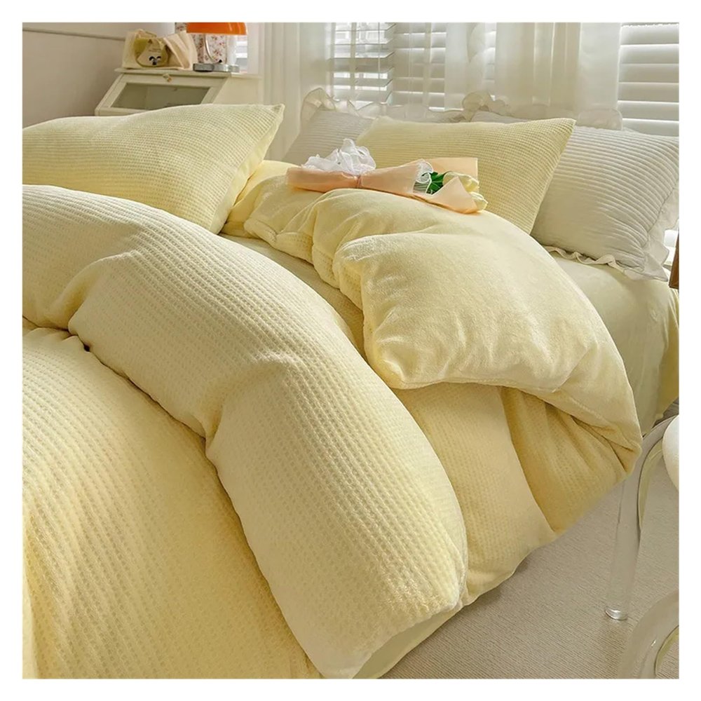 QuKan Bed, Bedding Sets Simple Solid Color Milk Flannel Duvet Cover Set Winter Thickened Warm Duvet Cover Sheet Pillowcase 4-Piece Bed Sheet Set