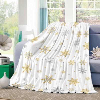 Flannel Throw Blanket Christmas Golden Winter Snowflake,Lightweight Soft Warm Fleece Blankets for Sofa Couch Bedroom,Silver Snowflakes Seamless on White Cozy Fuzzy Microfiber Throws 40x50in