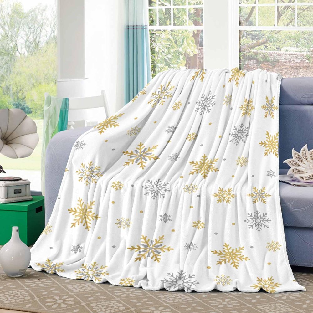 Flannel Throw Blanket Christmas Golden Winter Snowflake,Lightweight Soft Warm Fleece Blankets for Sofa Couch Bedroom,Silver Snowflakes Seamless on White Cozy Fuzzy Microfiber Throws 40x50in