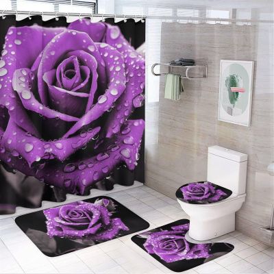 Beautiful Purple Roses 4 Pieces Shower Curtain Sets with Non-Slip Rugs, Toilet Lid Cover and Bath Mat, Rustic Retro Flowers Plants Bathroom Decor Set Waterproof Shower Curtains with 12 Hooks