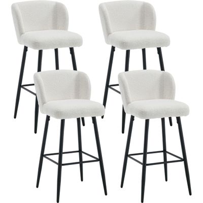 BESTANO Modern Sherpa Counter Barstools with Mid Back, 30 Inch Bar Stools with Black Metal Frame, Breakfast Upholstered Barstools for Kitchen Island Stool, Set of 4, White