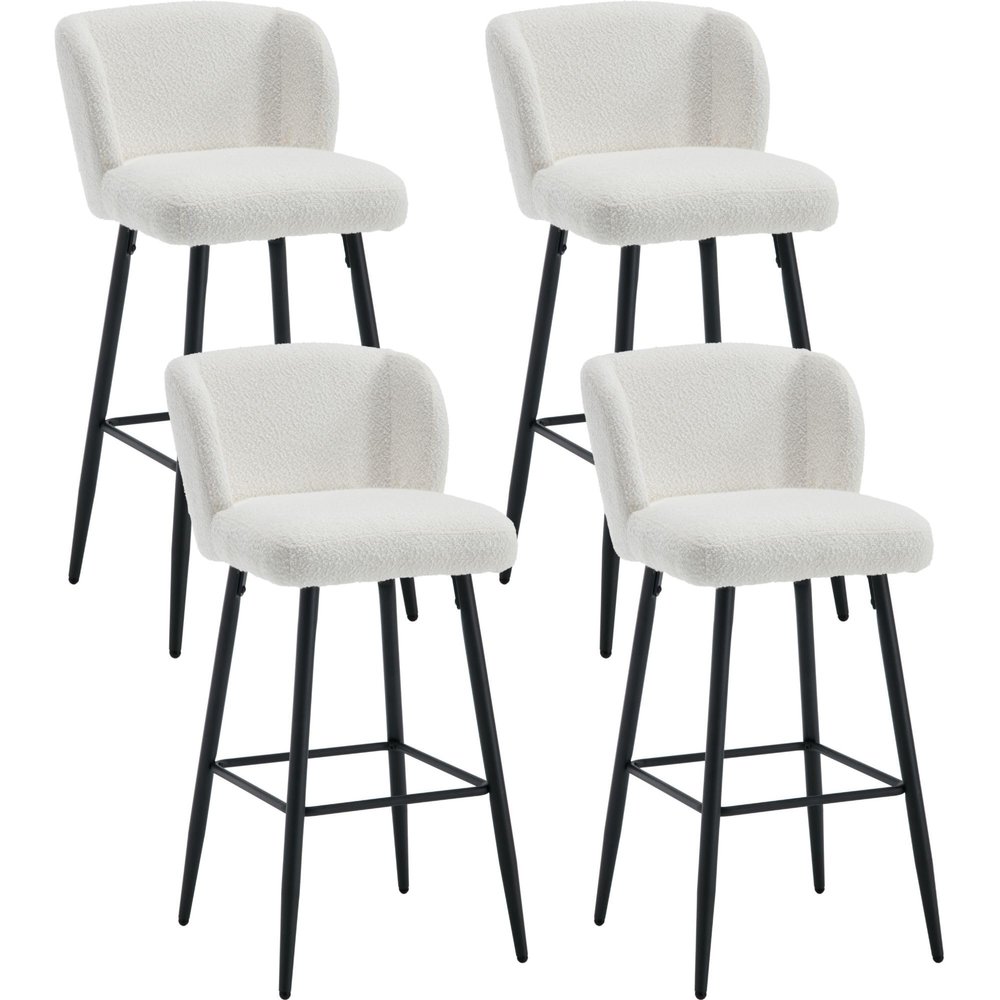 BESTANO Modern Sherpa Counter Barstools with Mid Back, 30 Inch Bar Stools with Black Metal Frame, Breakfast Upholstered Barstools for Kitchen Island Stool, Set of 4, White