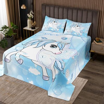 Feelyou Unicorn Bedspread Twin Size Floral Print Coverlet Set Girls Cute Unicorn Quilt Set Light Blue Bedding Cover for Boys Girls Kids Adults
