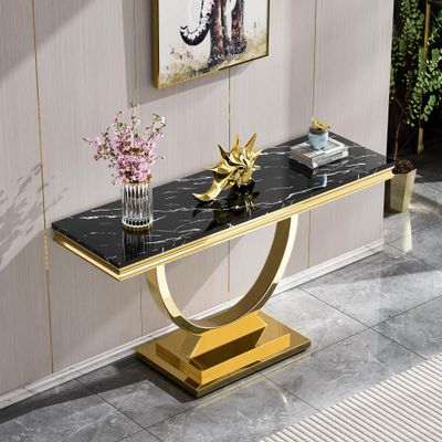 46'' Marble Console Table,Modern Luxury Long Narrow Console Entryway Table Hallway Table with Gold U-Shape Stainless Steel Base and Marble Tabletop,Sofa Table for Living Room, Bedroom