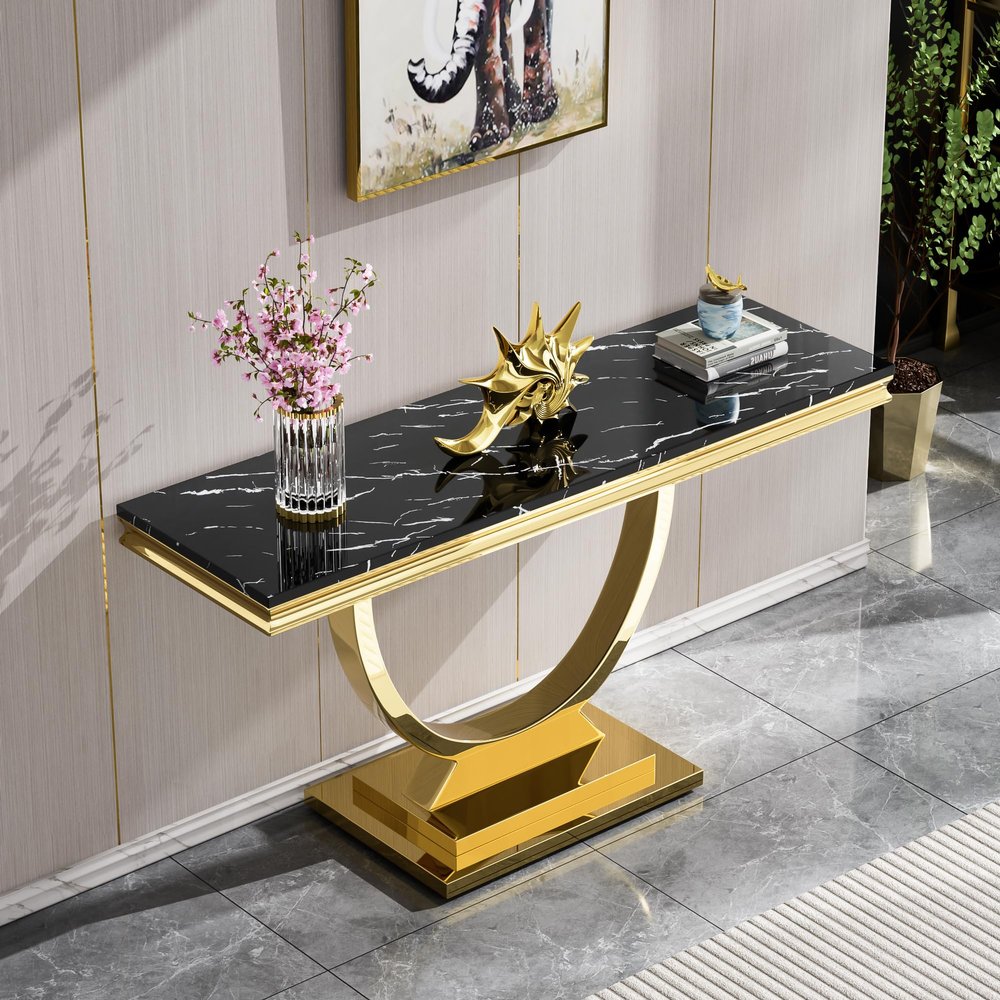 46'' Marble Console Table,Modern Luxury Long Narrow Console Entryway Table Hallway Table with Gold U-Shape Stainless Steel Base and Marble Tabletop,Sofa Table for Living Room, Bedroom