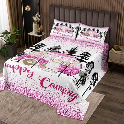 Feelyou Camper Bedspread Queen Size Happy Camping Coverlet Set Pink RV Camping Quilt Set Cartoon Cat Bedding Cover for Boys Girls Kids Adults