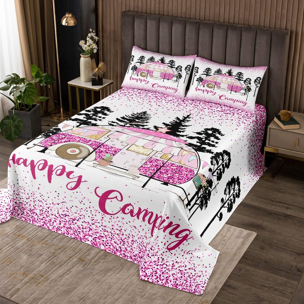 Feelyou Camper Bedspread Queen Size Happy Camping Coverlet Set Pink RV Camping Quilt Set Cartoon Cat Bedding Cover for Boys Girls Kids Adults
