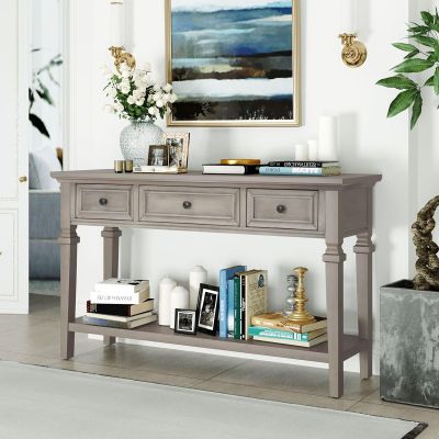 Console Table with 3 Top Drawers and 1 Open Bottom Shelf, Sofa Table for Living Room, Gray
