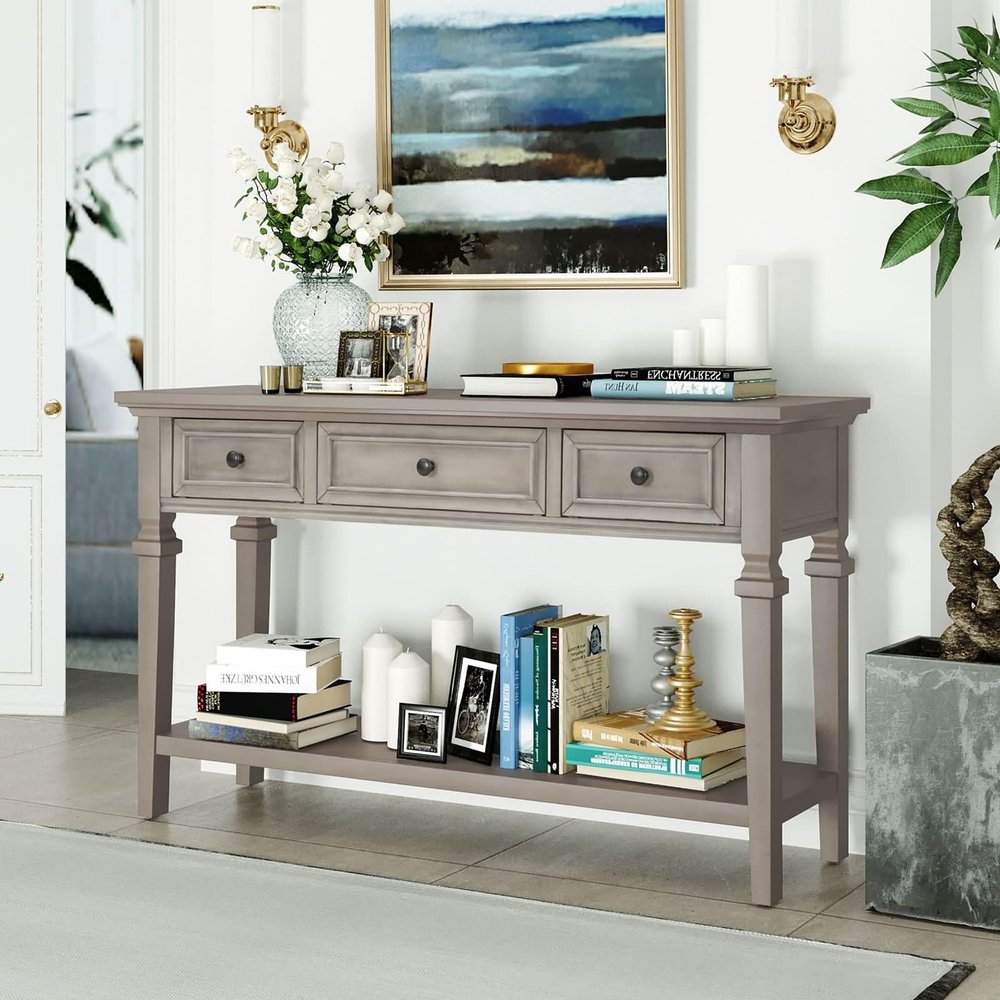 Console Table with 3 Top Drawers and 1 Open Bottom Shelf, Sofa Table for Living Room, Gray