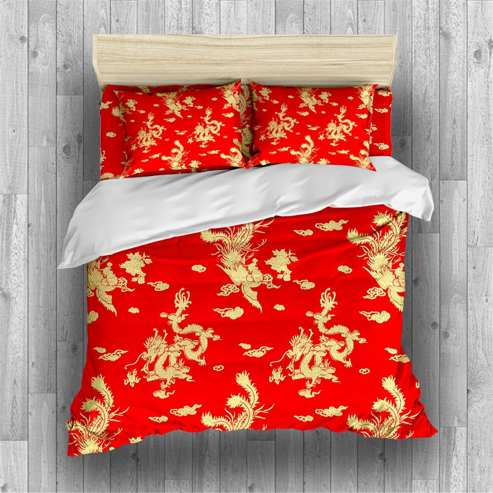 Boasorte Dragon and Phoenix Prints Duvet Cover Set | Mysterious Ancient Eastern Totem Design Bedding Set | with Soft Duvet Cover+2 Pillow Shams(3pcs) or Sheet (4pcs) (C,Full-3PCS)