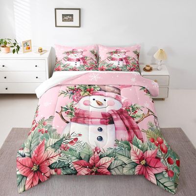 Manfei Xmas Snowman Comforter Set Full Size, Leaves Flower Snowflake Down Comforter with 2 Pillowcases, Christmas Pink Bedding Set 3pcs for Kids Boys Girls Room Decor Lightweight Duvet Insert