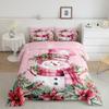 Manfei Xmas Snowman Comforter Set Full Size, Leaves Flower Snowflake Down Comforter with 2 Pillowcases, Christmas Pink Bedding Set 3pcs for Kids Boys Girls Room Decor Lightweight Duvet Insert view 2