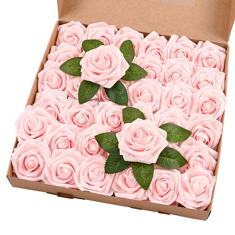 BLEUM CADE 36Pcs Artificial Flowers Fake Roses with Stems, Pink Boxed Foam Roses for DIY Bouquets Centerpieces Wedding Party Arrangement Bridal Shower Decor
