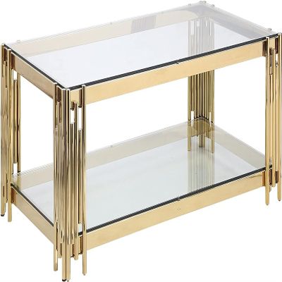 48 Inch Gold Coffee Table with Mirrored Stainless Steel Base, 2-Tier Rectangular Tempered Glass with Storage Shelf, Modern Center Table for Living Room
