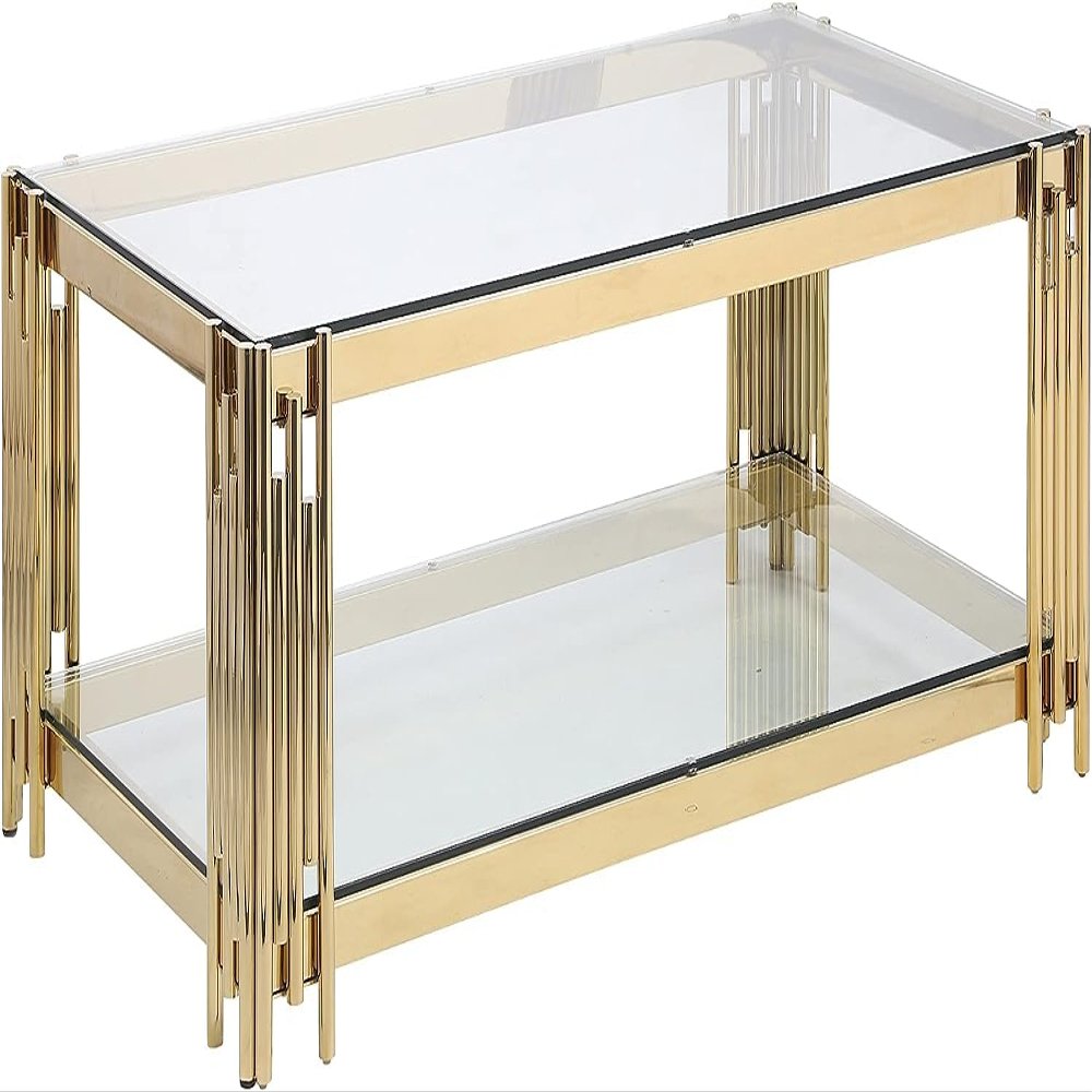 48 Inch Gold Coffee Table with Mirrored Stainless Steel Base, 2-Tier Rectangular Tempered Glass with Storage Shelf, Modern Center Table for Living Room