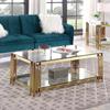 48 Inch Gold Coffee Table with Mirrored Stainless Steel Base, 2-Tier Rectangular Tempered Glass with Storage Shelf, Modern Center Table for Living Room view 2