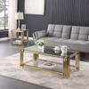 48 Inch Gold Coffee Table with Mirrored Stainless Steel Base, 2-Tier Rectangular Tempered Glass with Storage Shelf, Modern Center Table for Living Room view 3