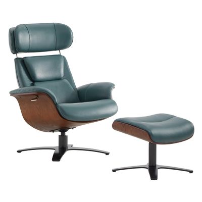 CHITA Genuine Leather Reclining Swivel Chair with Adjustable Headrest and Ottoman for Living Room, Teal