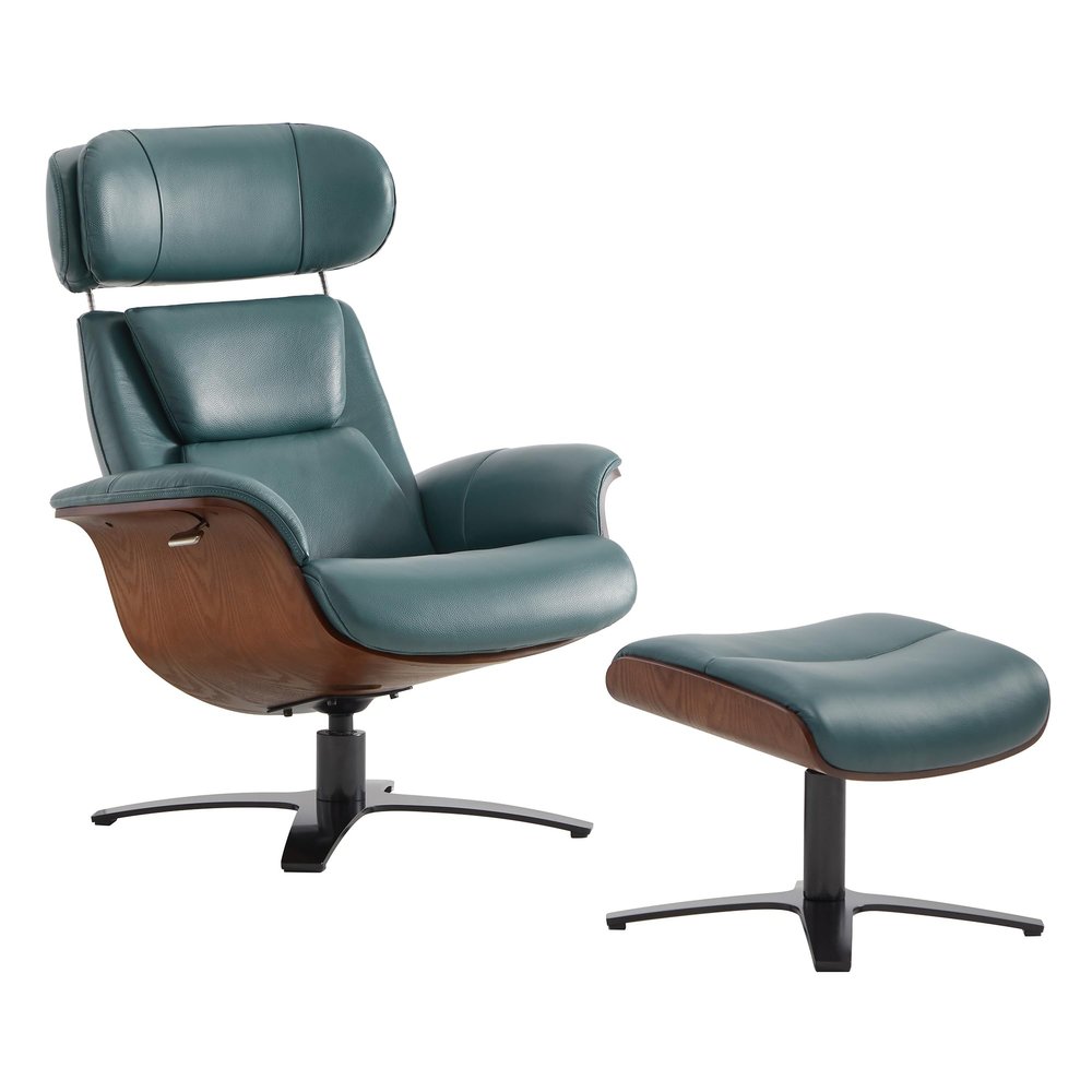 CHITA Genuine Leather Reclining Swivel Chair with Adjustable Headrest and Ottoman for Living Room, Teal