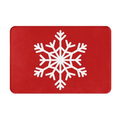 White Snowflakes Bathroom Rug Christmas Red Bath Mat Non Slip Machine Washable Snowflake Pattern Shower Rugs New Year Home Decorations Soft Water Absorbent Floor Mats 16"x24"