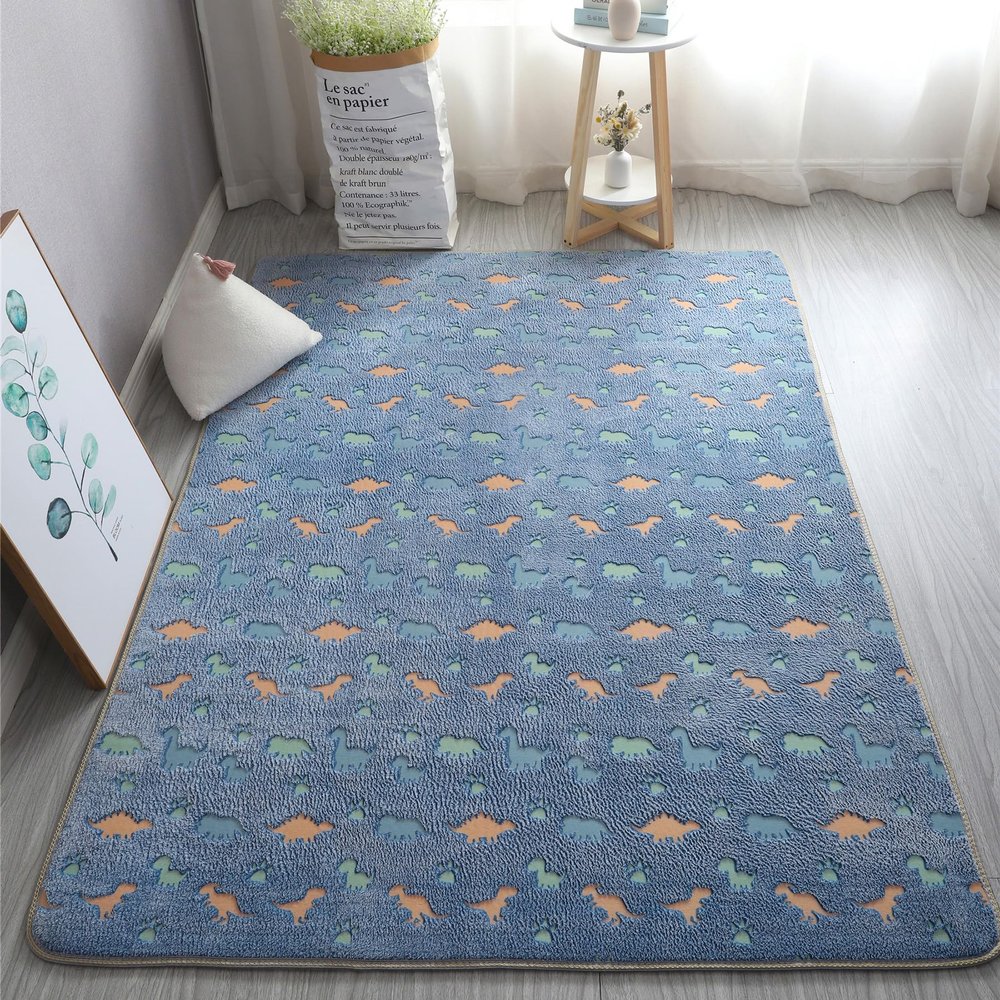 Osifoo Unique Area Rugs, Glow in The Dark Rug Luminous Carpet for Kids Bedroom, Cute Little Blue Dinosaur 4.6x6.6 Feet
