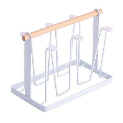 Niiyen Cup Drying Rack Mug Cup Holder Stand Wooden Handle Electroplating Iron Art Countertop Drainer 10.9oz Bottles Organizer for 6 Bottles Cups Mugs(White)