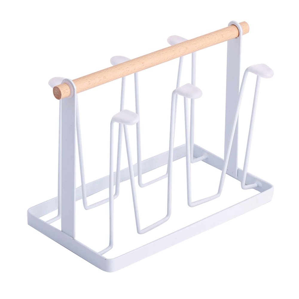Niiyen Cup Drying Rack Mug Cup Holder Stand Wooden Handle Electroplating Iron Art Countertop Drainer 10.9oz Bottles Organizer for 6 Bottles Cups Mugs(White)
